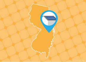 Simple map of New Jersey with a map pin showing a roof with installed solar panels